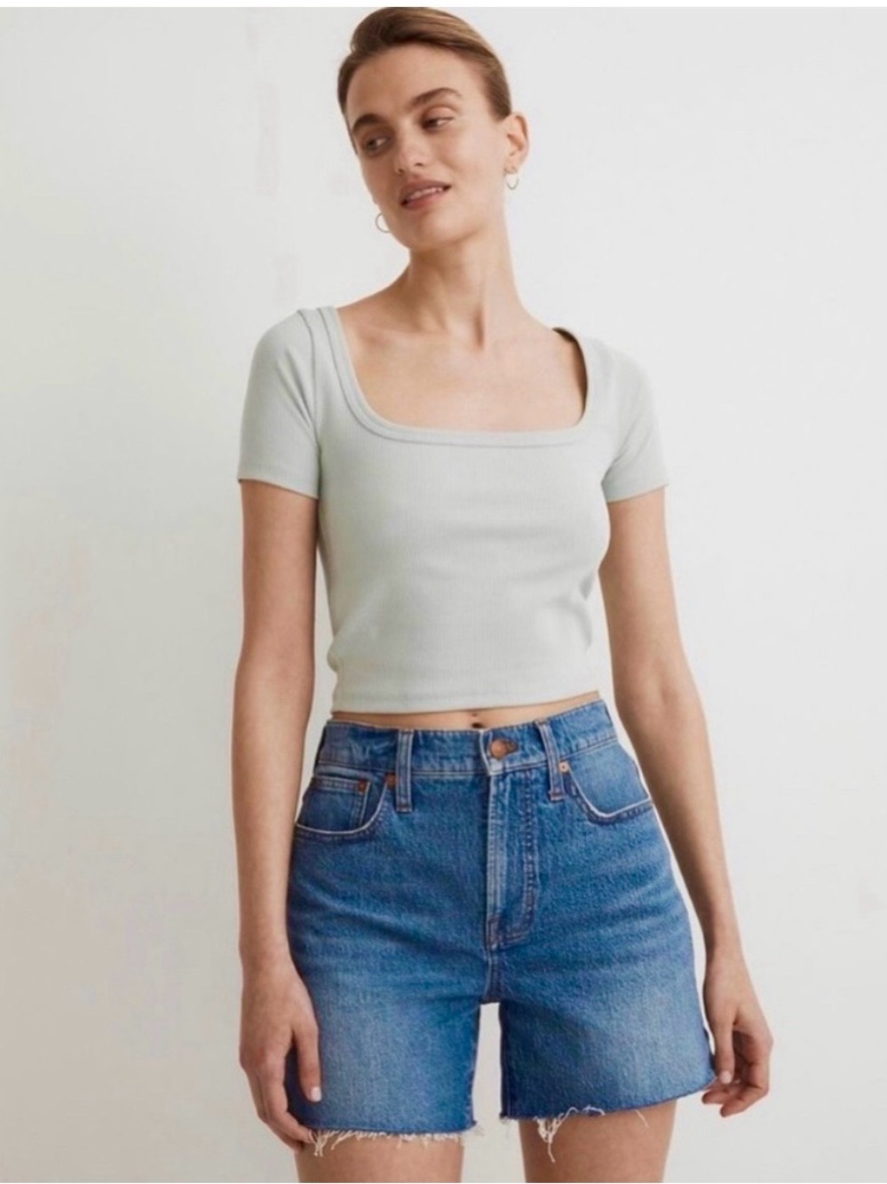 Madewell Square-Neck Crop Tee In Sleekhold Sage Mist Ribbed Women’s Xxs Grunge,